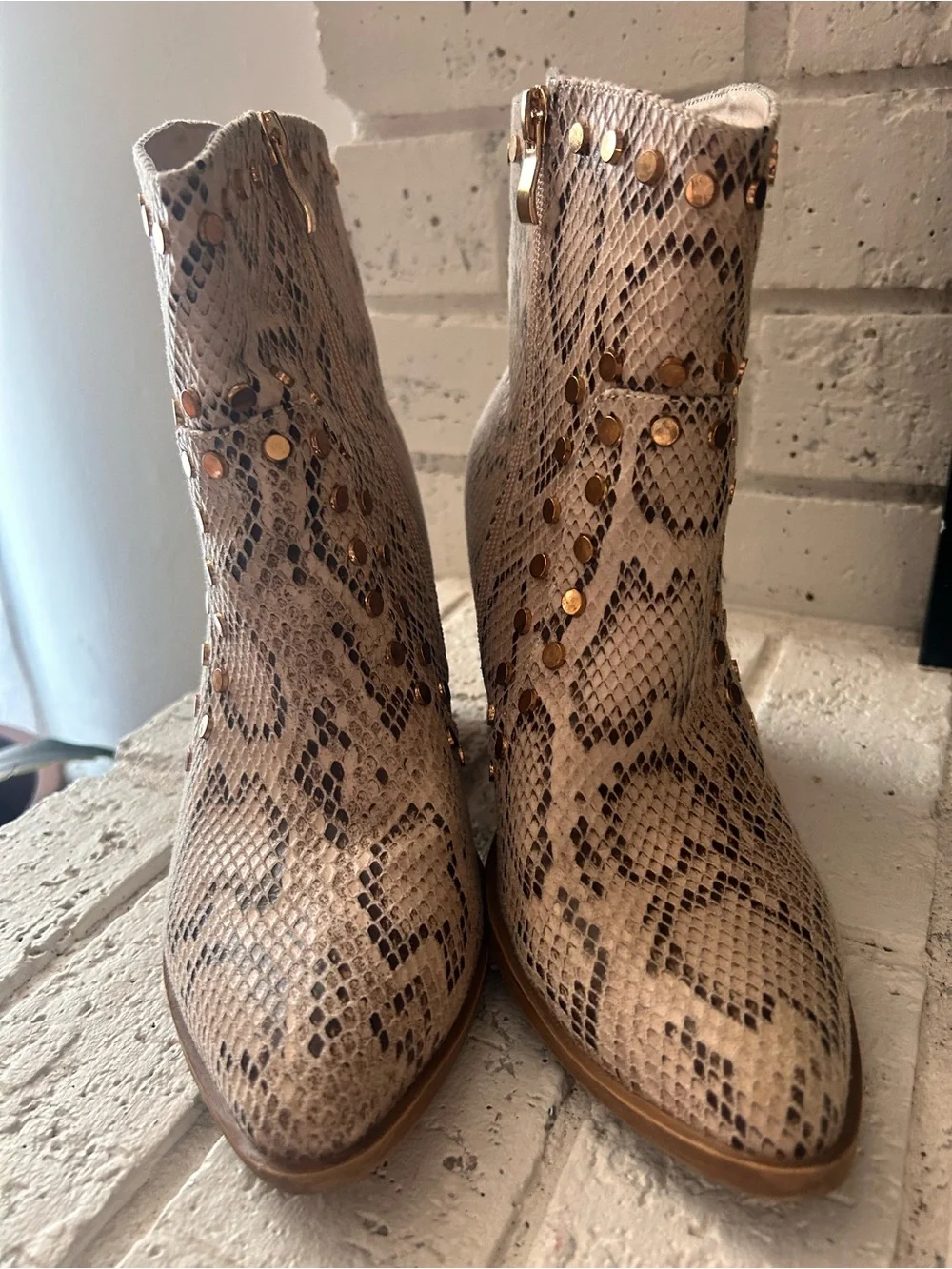Gold-Stud Snake Print Ankle Boots in Beige